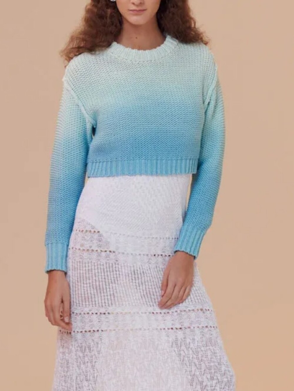 Rebecca Taylor Cropped Ombre Knit Sweater In Light Aqua Blue Size XL